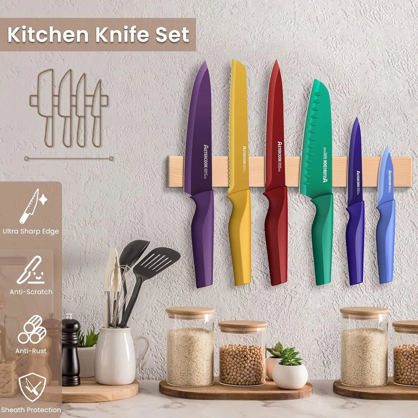 Knife Set, 12 Pcs Color-Coded Kitchen Knives Set, 6 Color Anti-Rust Coating Stainless Steel Chef Knife Sets with 6 Blade Guards Dishwasher Safe