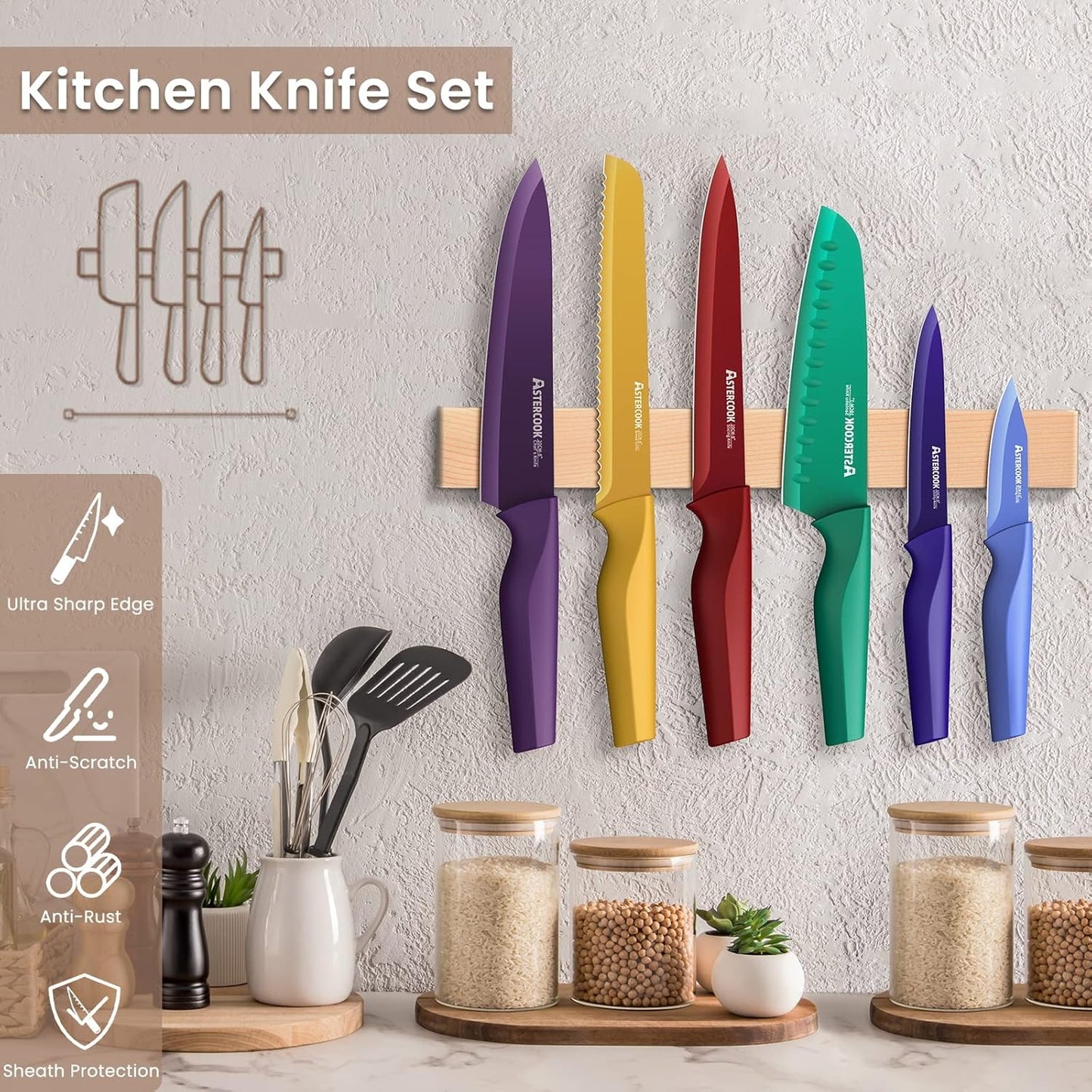 Knife Set, 12 Pcs Color-Coded Kitchen Knives Set, 6 Color Anti-Rust Coating Stainless Steel Chef Knife Sets with 6 Blade Guards Dishwasher Safe