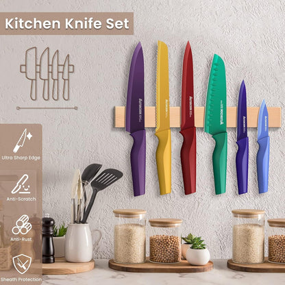 Knife Set, 12 Pcs Color-Coded Kitchen Knives Set, 6 Color Anti-Rust Coating Stainless Steel Chef Knife Sets with 6 Blade Guards Dishwasher Safe
