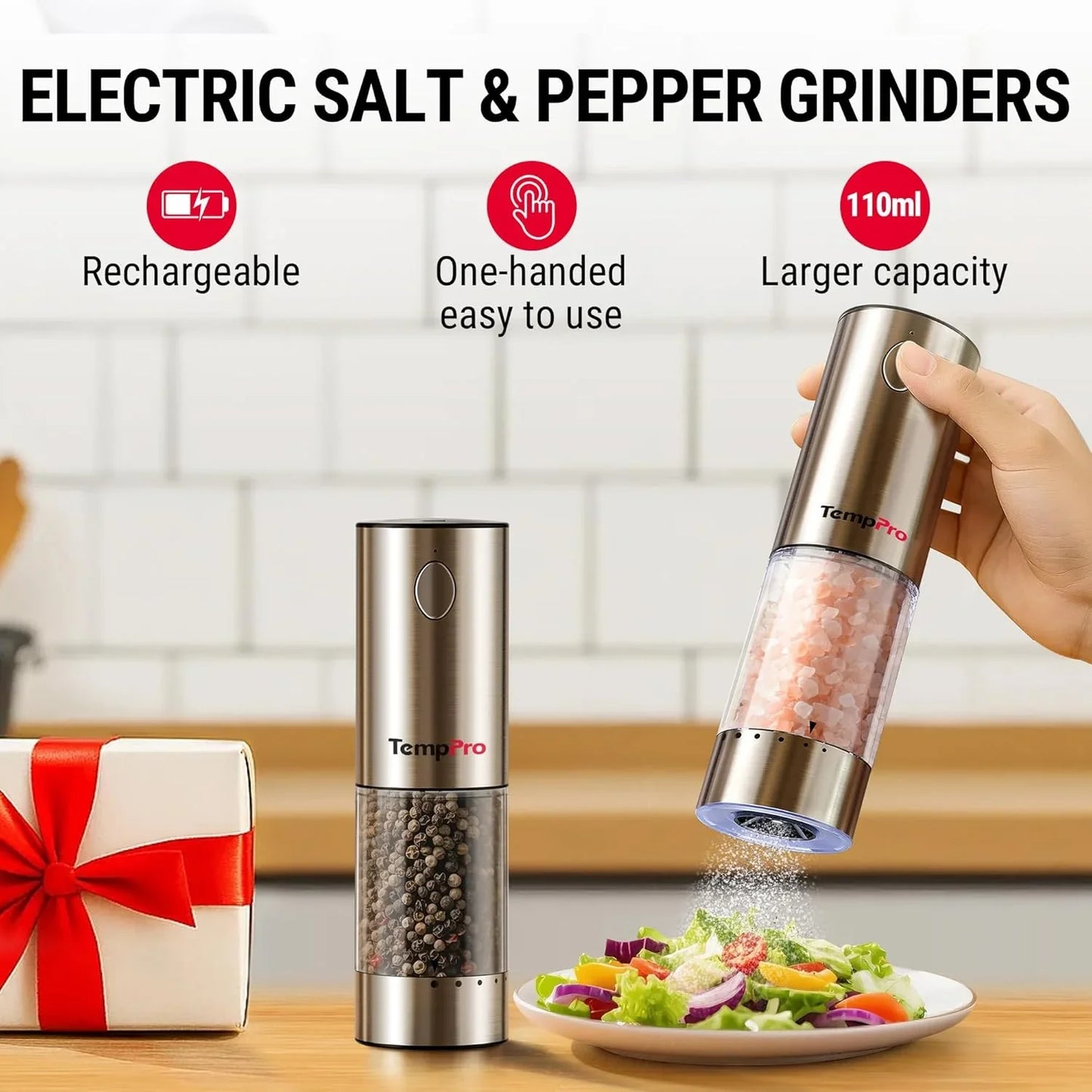 100Ml Electric Salt and Pepper Grinder Set Rechargeable, Automatic Pepper Grinder Shakers with External Adjustment, Refillable Pepper Mill Set with Cover & LED, 2-Pack(Previously Thermopro)