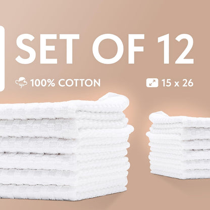 Super Absorbent Kitchen Towels 12 Pack - Premium 100% Cotton Kitchen Towels, 450GSM Thick Machine Washable White Dish Towels for Kitchen Drying, Cleaning, Dobby Weave, Unmatched Quality
