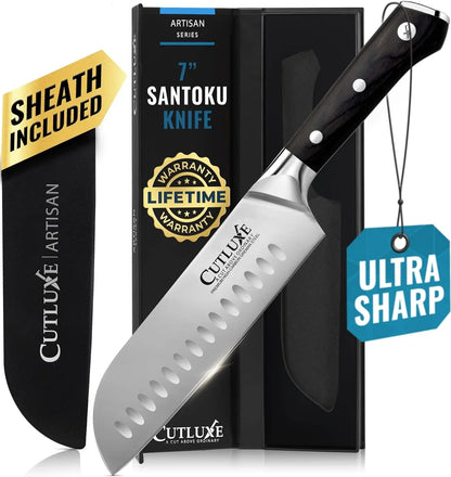 Santoku Knife – 7" Chopping Knife, Meat and Vegetable Knife – Forged High Carbon German Steel – Sheath Included – Full Tang & Razor Sharp – Ergonomic Handle Design – Artisan Series