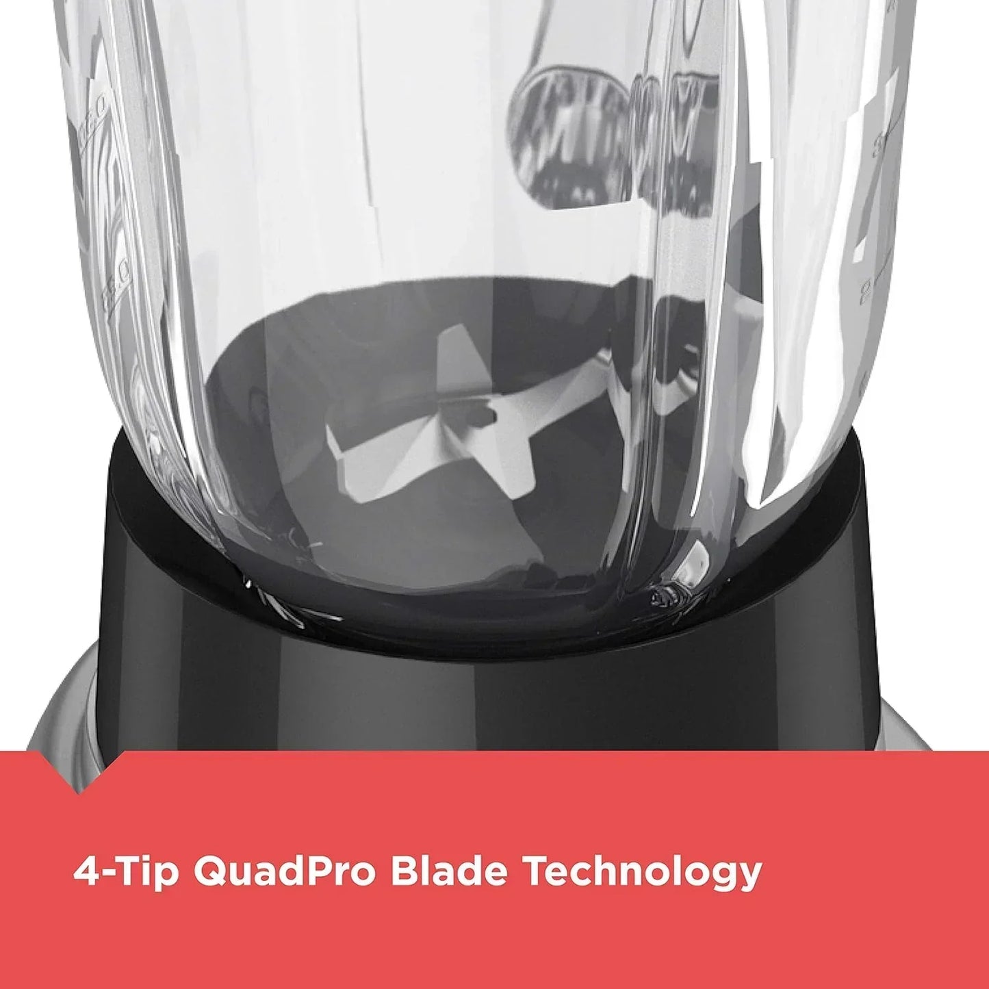 4-Tip QuadPro Blade Technology in a clear blender jar with black base