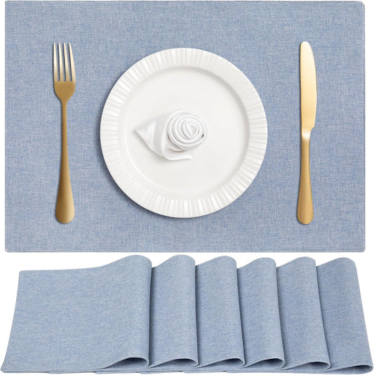 Linen Cloth Double Layers Placemats, Cotton Woven Placemats Set of 6, Kitchen Table Farmhouse Decor Heat Resistant Table Mats, Outdoor Indoor Square Fabric Place Mats Can Be Washable (Sky Blue)
