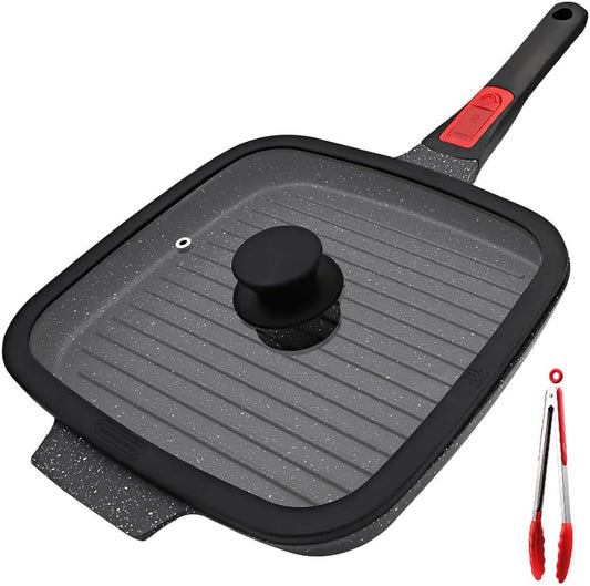 Griddle Pan with Lid, 10 Inch Cast Aluminium Non Stick Grill Pan with Detachable Handle for Induction Hob, Black