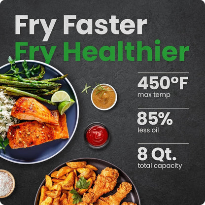 Air Fryer 8 Qt | Turbofry® 4-In-1 with 450°F Hi-Fry Option for Crispier Results | Bake, Dehydrate, Frozen | XL Nonstick Dishwasher-Safe Basket | Stainless Steel