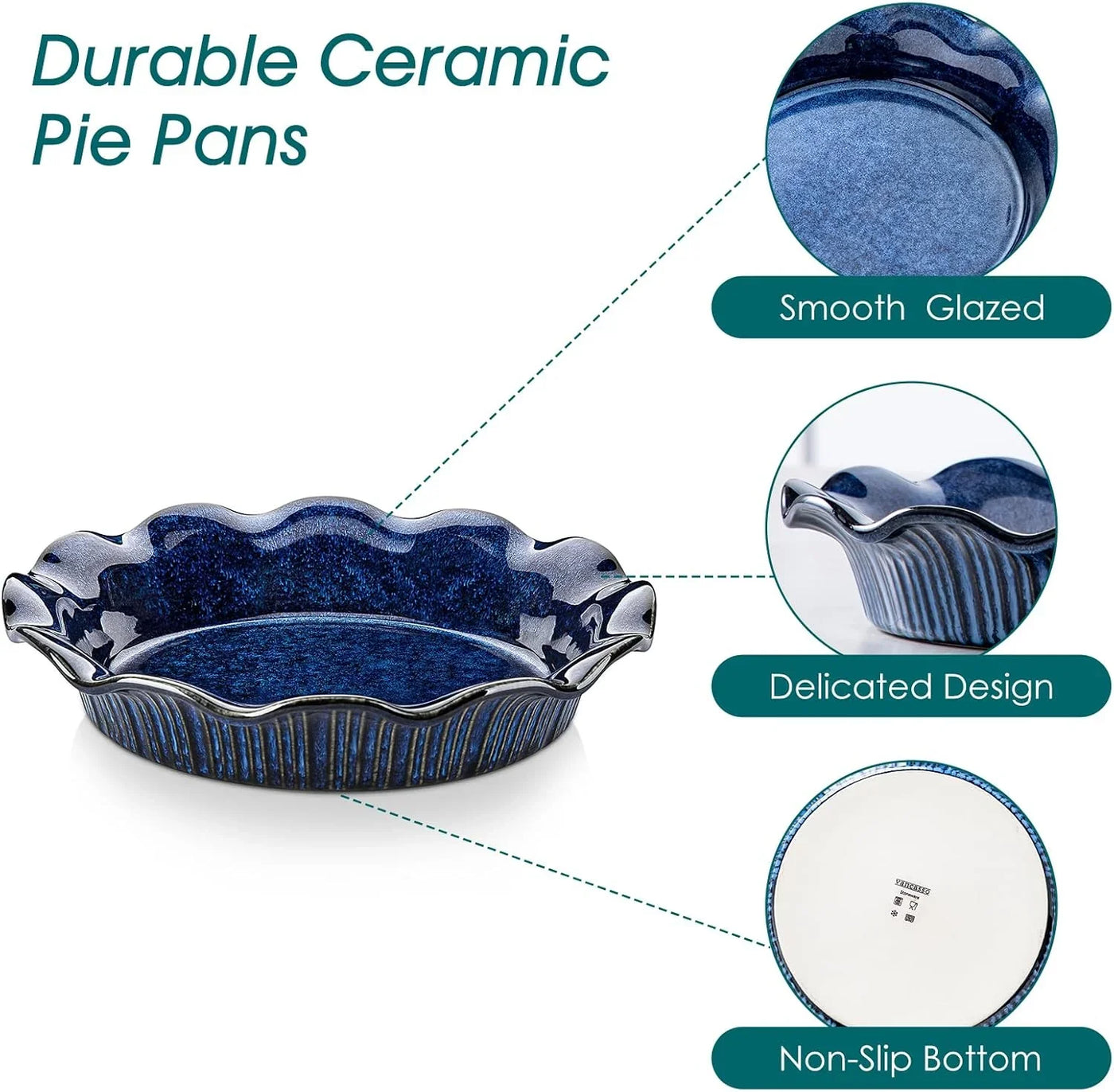 Ceramic Pie Pan for Baking, 9 Inch Deep Pie Plates for Apple Pie, Pot Pie, Tart and Quiche, Reactive Glaze Fluted Pie Pans, Large Pie Dish with Ruffled Edge, Blue, STERN Series