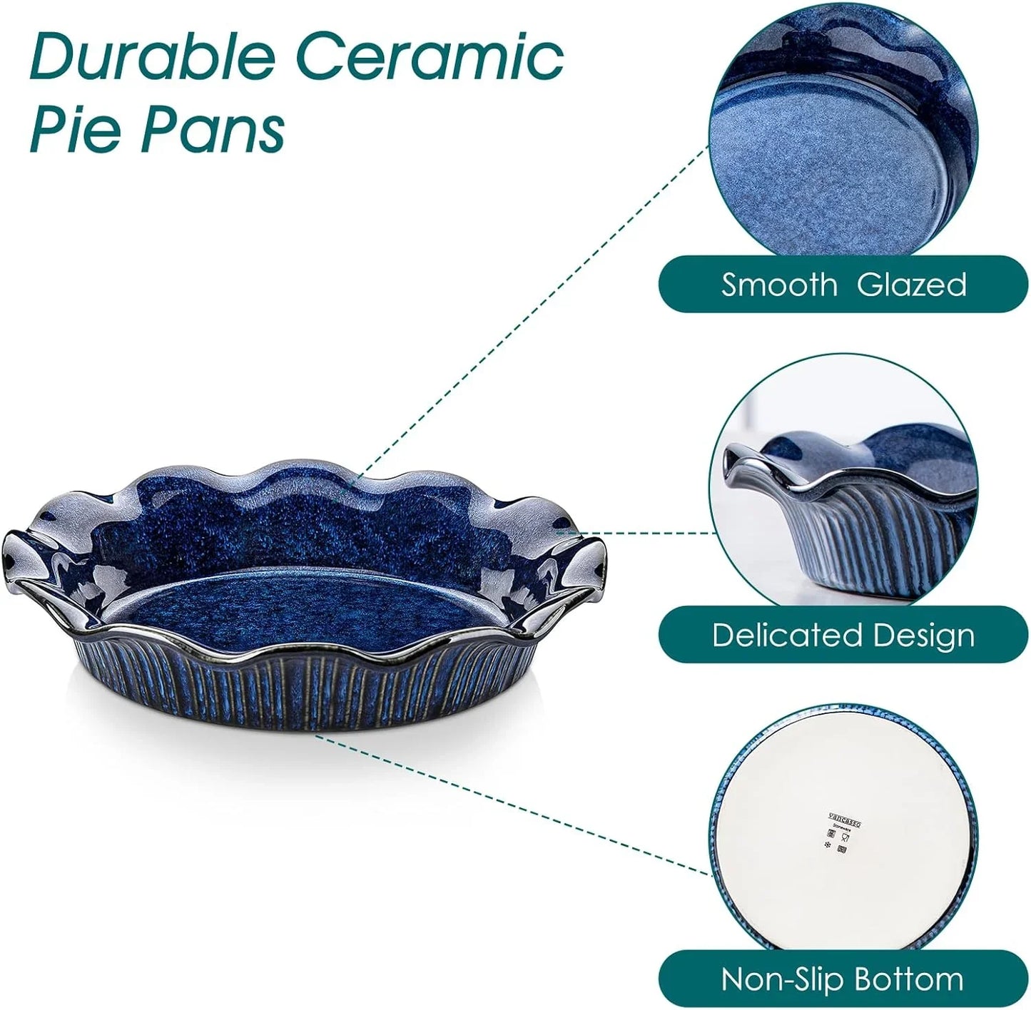 Ceramic Pie Pan for Baking, 9 Inch Deep Pie Plates for Apple Pie, Pot Pie, Tart and Quiche, Reactive Glaze Fluted Pie Pans, Large Pie Dish with Ruffled Edge, Blue, STERN Series