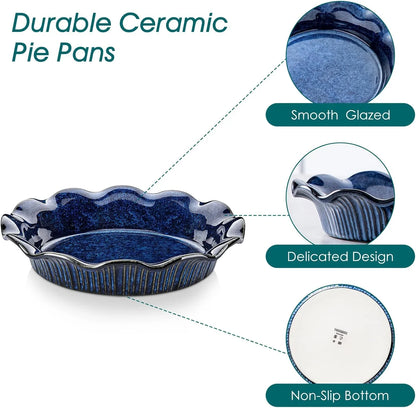 Ceramic Pie Pan for Baking, 9 Inch Deep Pie Plates for Apple Pie, Pot Pie, Tart and Quiche, Reactive Glaze Fluted Pie Pans, Large Pie Dish with Ruffled Edge, Blue, STERN Series