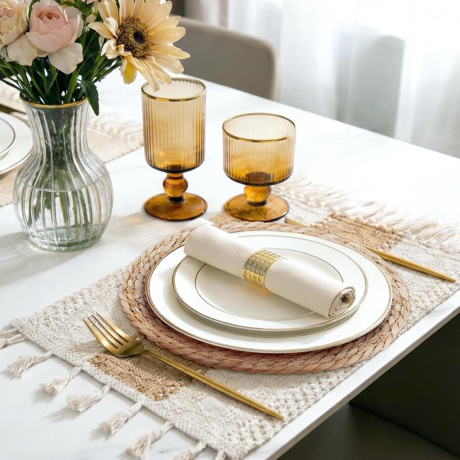 Placemats Set of 8 - Rattan round Place Mats & 11.8” X 17” Cotton Braided Placemat for Dining Table Setting, Rustic Farmhouse Boho Wedding Decor, Wicker Woven Charger Dinner Plates, 16Pcs