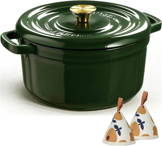 Enameled Cast Iron Dutch Oven - 5QT Pot with Lid Cookbook & Cotton Potholders - Heavy-Duty Cookware for Braising, Stews, Roasting, Sourdough Baking Moss