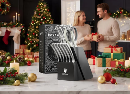 Knife Block Set: Kitchen Knives Set with Block and Sharpener, 15 Pcs Ultra Sharp Chef Knife, High Carbon Stainless Steel, Ergonomic Handle Non-Slip Grip, Silver Wolf Series with Gift Box