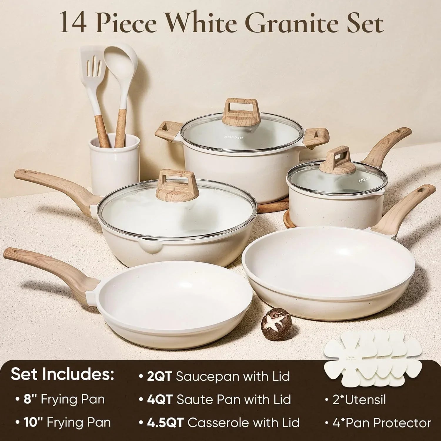 14 piece white granite cookware set with pans, pots, utensils, and pan protectors on display.