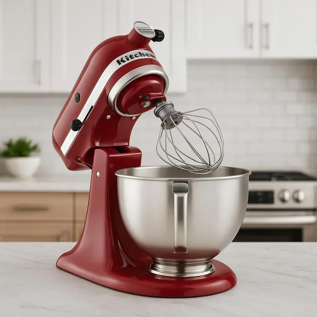 Red KitchenAid stand mixer with whisk attachment on marble countertop in modern kitchen