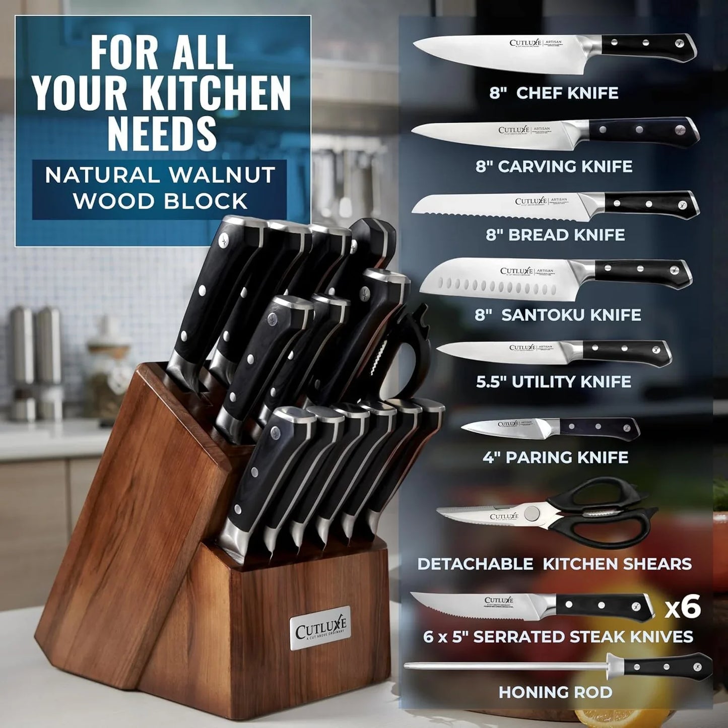 15-Piece Knife Set – High Carbon German Steel Blades, Full Tang Design & Ergonomic Pakkawood Handles in Walnut Wood Block – Artisan Series