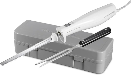 Electric Knife Set for Carving Meats, Poultry, Bread, Crafting Foam & More, Reciprocating Serrated Stainless Steel Blades, Ergonomic Design Storage Case + Fork Included, 5 Foot Cord