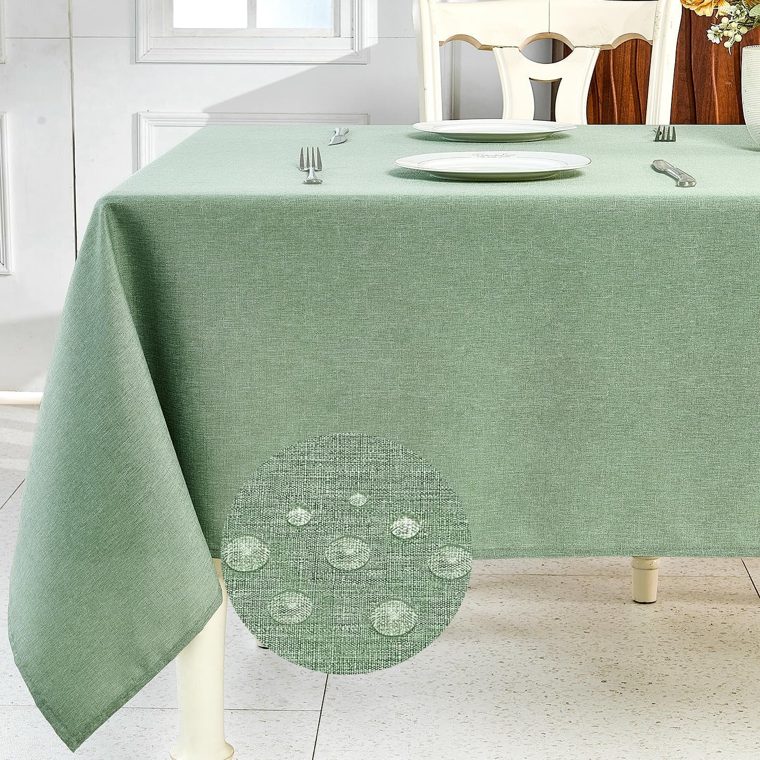 Textured Linen Table Cloth for Rectangle Tables - Sage Green Tablecloths Rectangular Waterproof Wrinkle Free Wipeable Dining Table Cover for Spring Easter Decor Wedding Birthday, 52 X 70 Inch