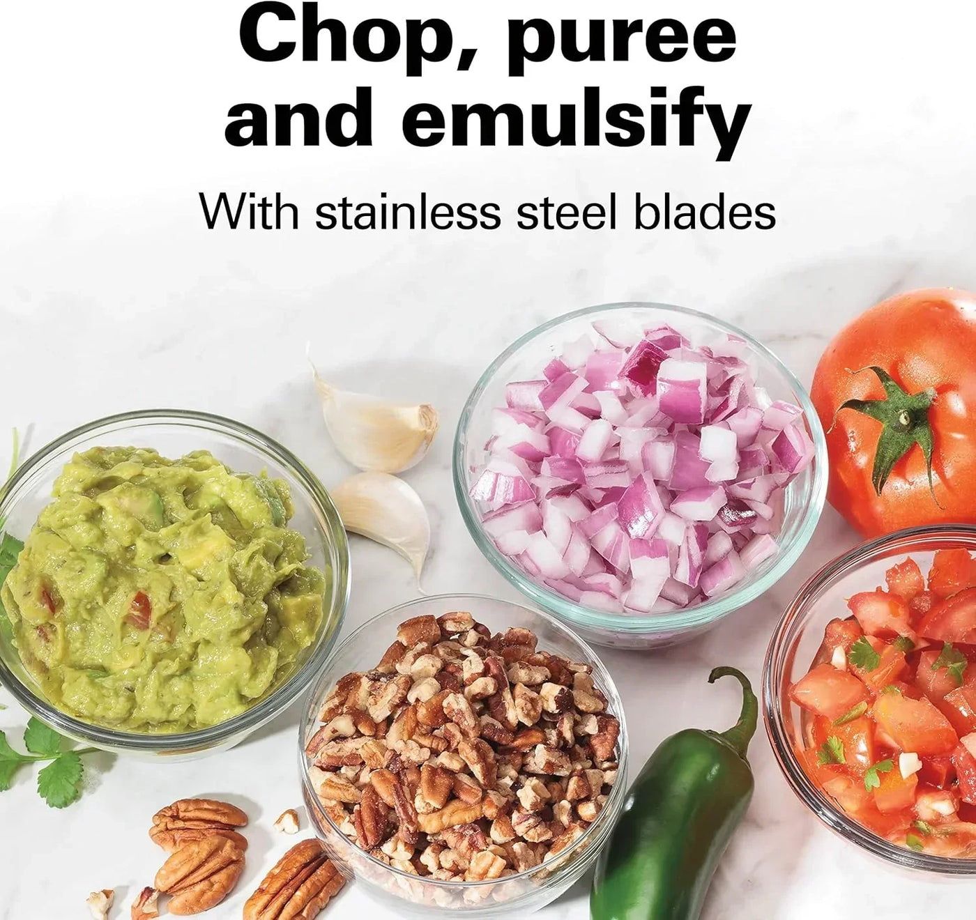 Stainless steel blades chop, puree, emulsify guacamole, diced onions, nuts, salsa, tomato, garlic, jalapeño