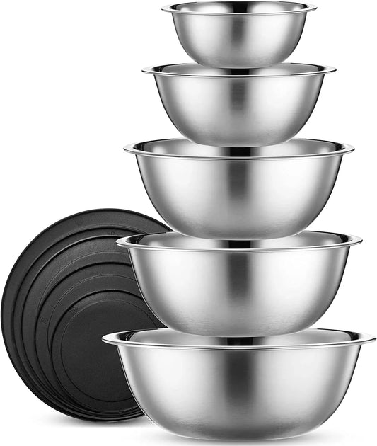 Stainless Steel Mixing Bowl Set, 10 Piece Stainless Steel Mixing Bowls with Lids Set for Food Prep Storage and Serving, Dishwasher Safe for Kitchen Baking Cooking, Silver