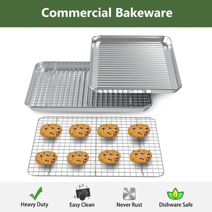 Baking Sheet with Rack Set (2 Pans + 2 Racks), Stainless Steel Cookie Sheet with Cooling Rack, Nonstick Baking Pan, Warp Resistant & Heavy Duty & Rust Free, Size 16 X 12 X 1 Inches