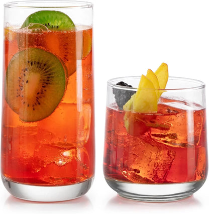 Ascent Tumbler and Rocks Drinking Glasses Set of 16, Glass Drinking Glasses with Curvature, Versatile Glassware Set for Parties and More