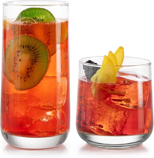 Ascent Tumbler and Rocks Drinking Glasses Set of 16, Glass Drinking Glasses with Curvature, Versatile Glassware Set for Parties and More