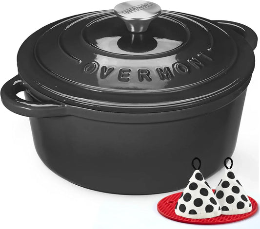 Enameled Cast Iron Dutch Oven - 5.5QT Pot with Lid Cookbook & Cotton Potholders - Heavy-Duty Cookware for Braising, Stews, Roasting, Sourdough Baking Graphite Gray